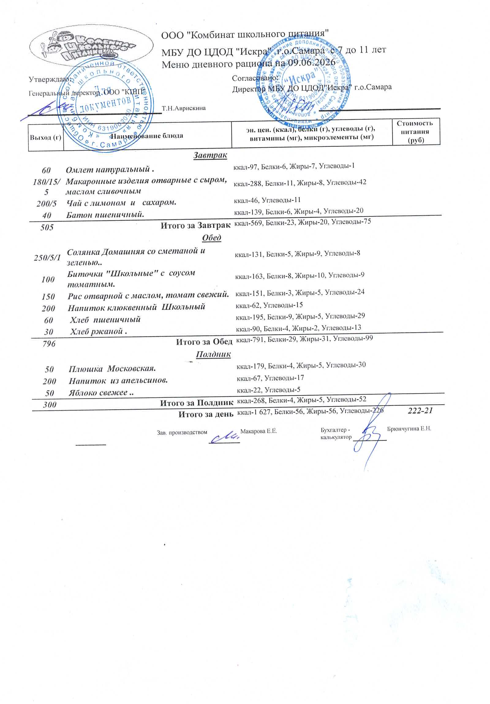 Меню на 9 июня